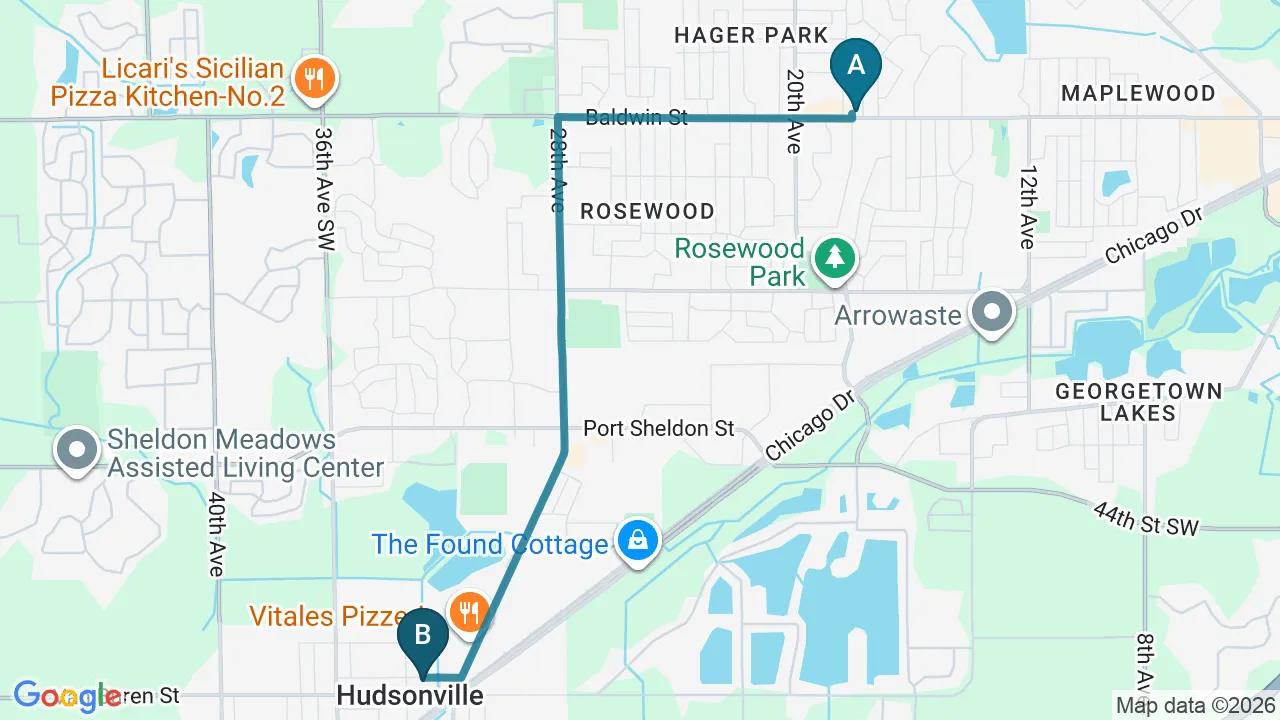 Driving directions map from Jenison, MI to Total Balance Chiropractic in Chicago